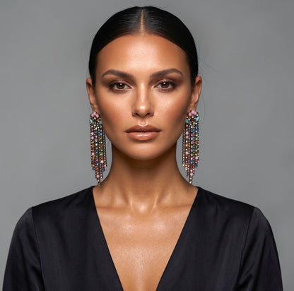 Multicolour Crystal Fringe Statement Earrings - Fatisha Boutique #