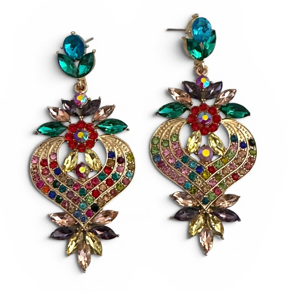 Multicolour Crystal Heart Statement Earrings - Fatisha Boutique #
