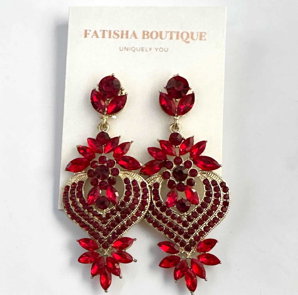 Ruby Red Crystal Heart Statement Earrings - Fatisha Boutique #