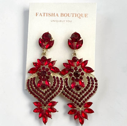 Ruby Red Crystal Heart Statement Earrings - Fatisha Boutique #