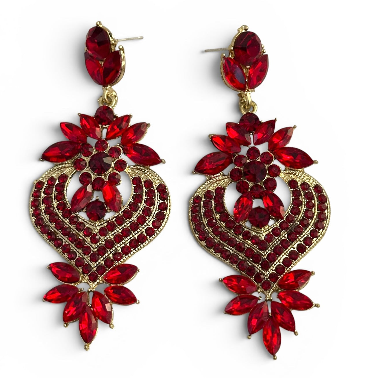 Ruby Red Crystal Heart Statement Earrings - Fatisha Boutique #
