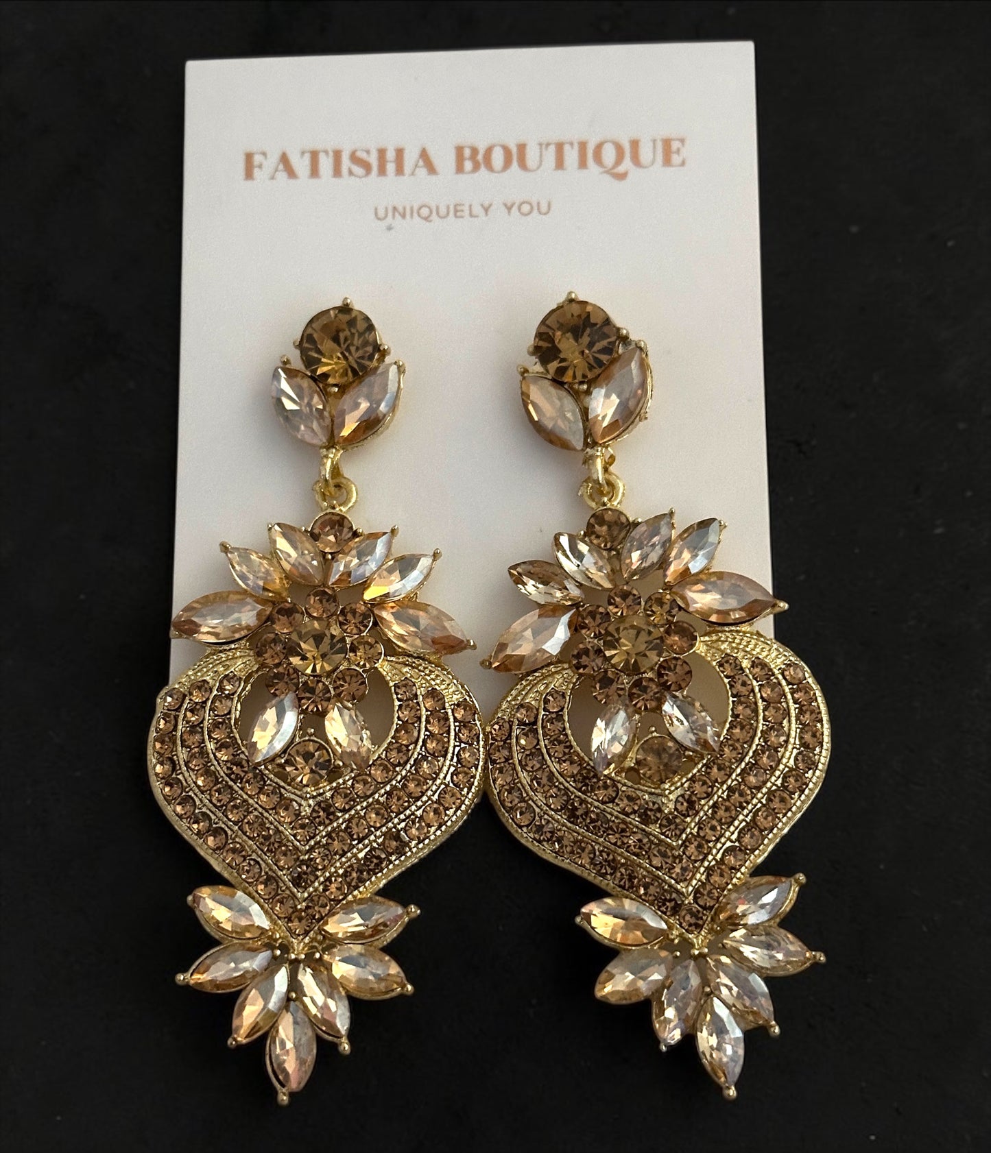 Champagne Crystal Heart Statement Earrings - Fatisha Boutique #