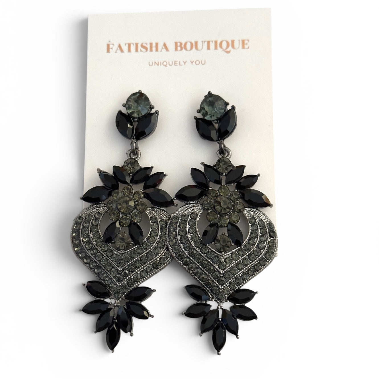 Black Crystal Heart Statement Earrings - Fatisha Boutique #