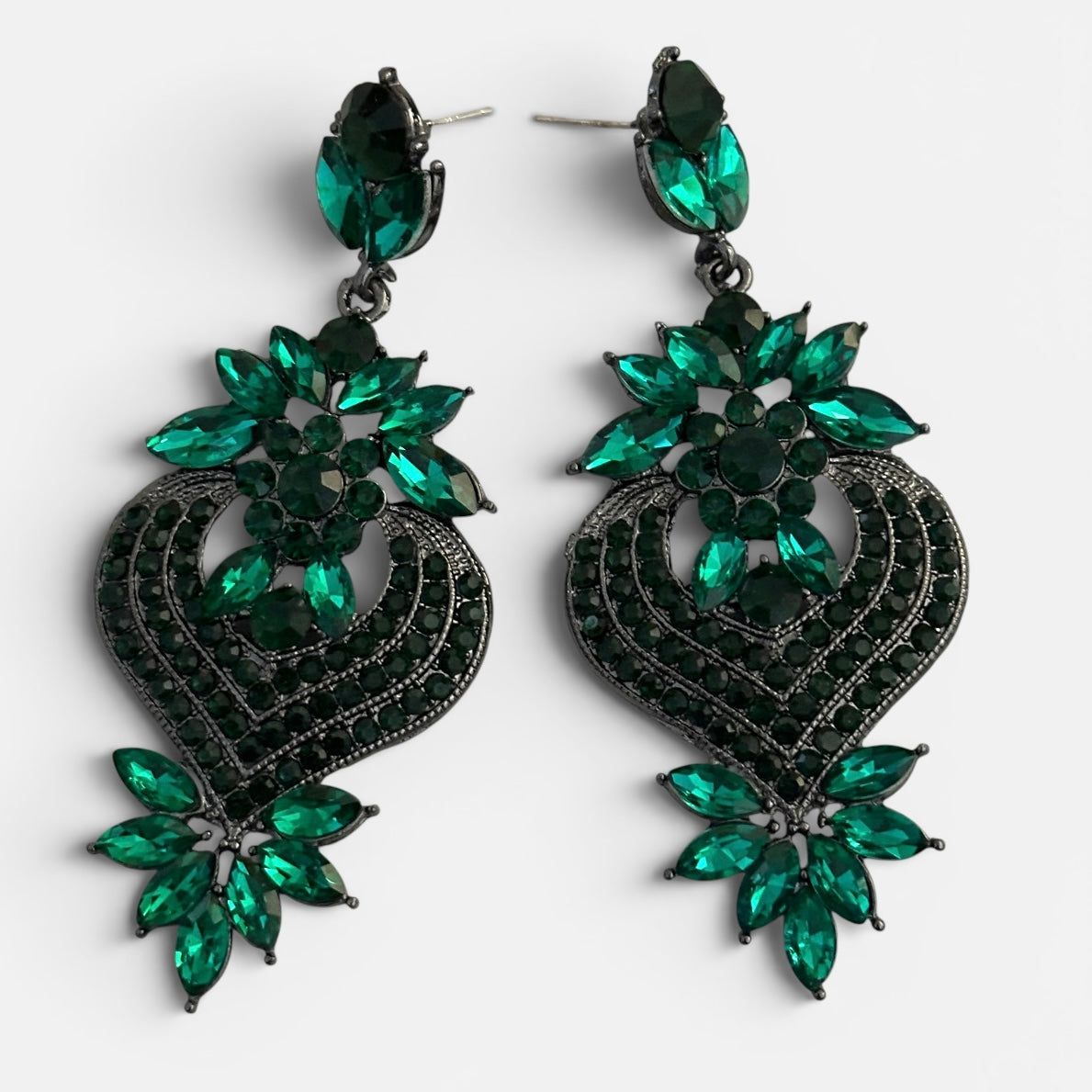 Emerald Green Crystal Heart Statement Earrings - Fatisha Boutique #