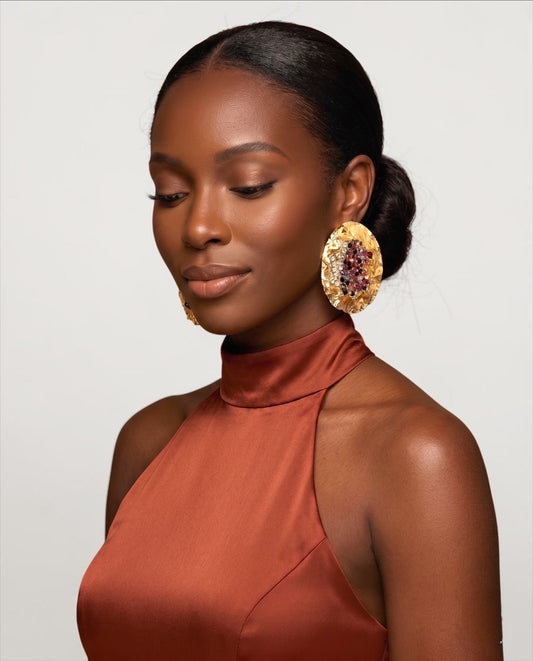 Hammered Gold Crystal Disc Statement Earrings - Fatisha Boutique #