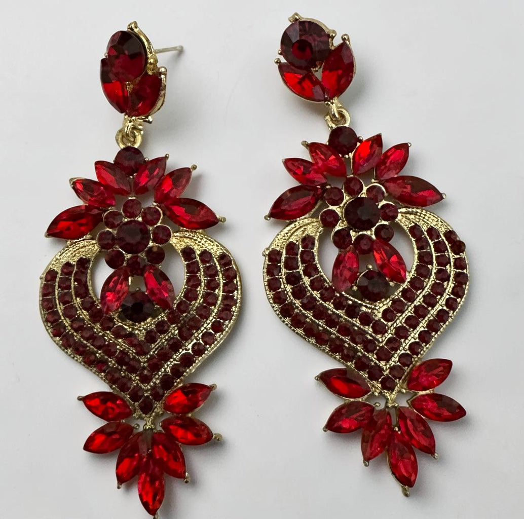 Ruby Red Crystal Heart Statement Earrings - Fatisha Boutique #