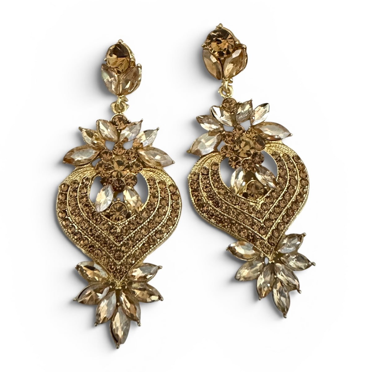 Champagne Crystal Heart Statement Earrings - Fatisha Boutique #