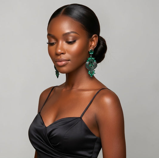 Emerald Green Crystal Heart Statement Earrings - Fatisha Boutique #