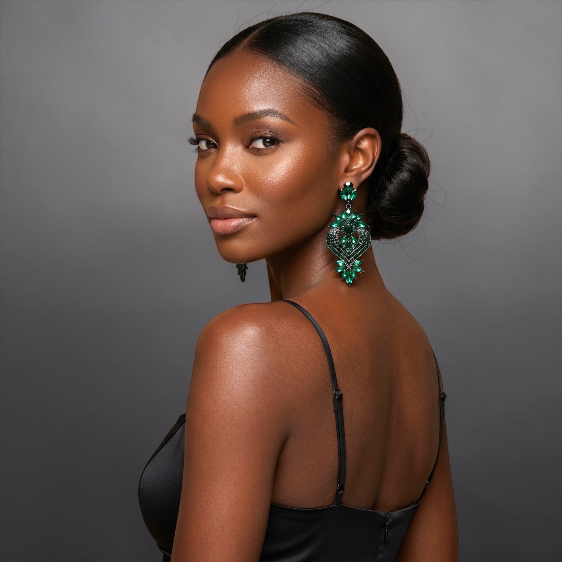 Emerald Green Crystal Heart Statement Earrings - Fatisha Boutique #
