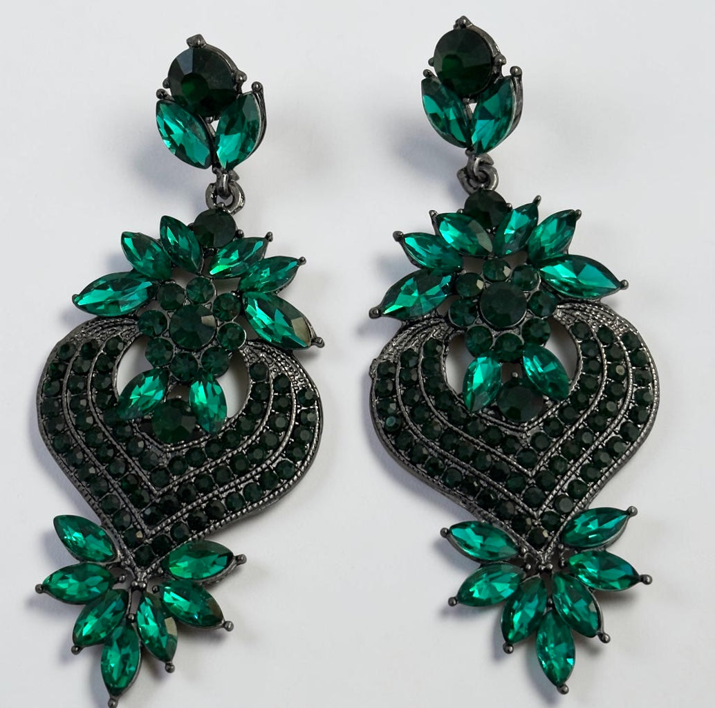 Emerald Green Crystal Heart Statement Earrings - Fatisha Boutique #
