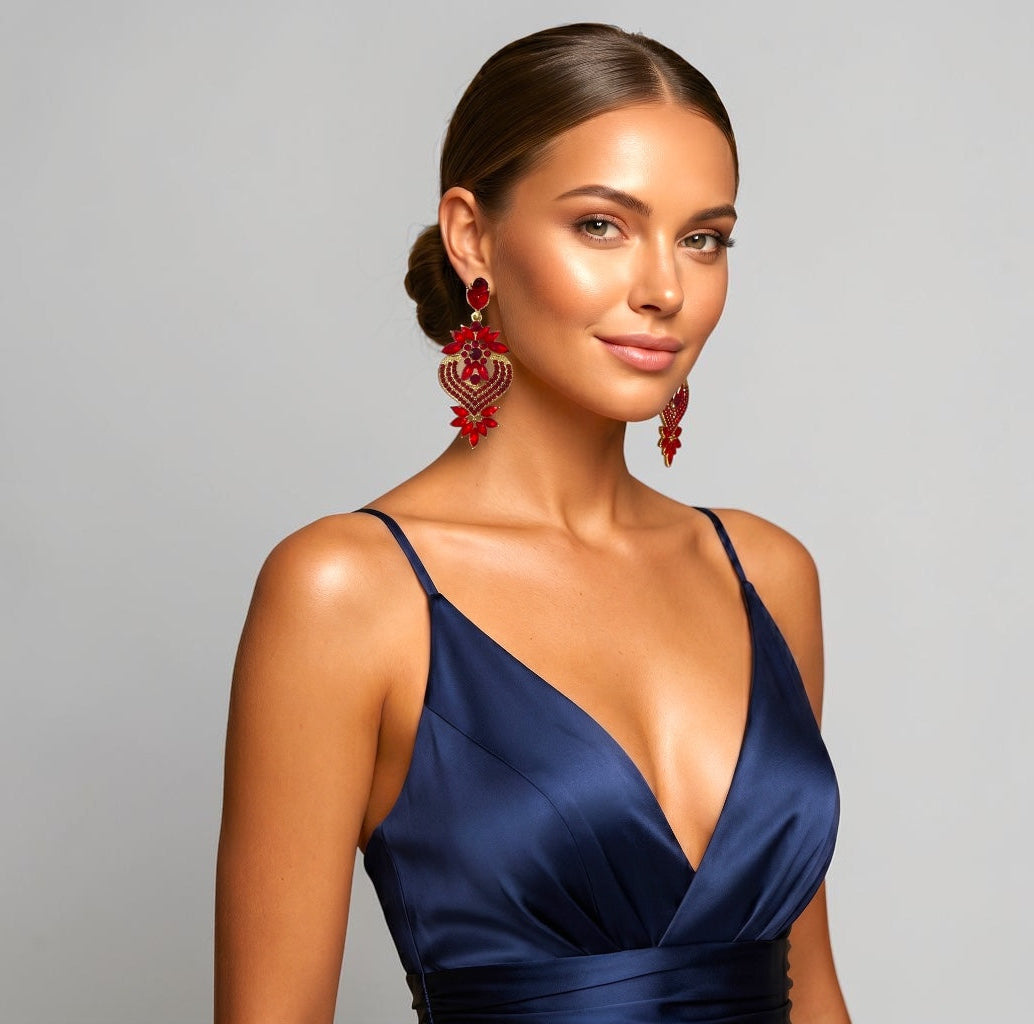 Ruby Red Crystal Heart Statement Earrings - Fatisha Boutique #