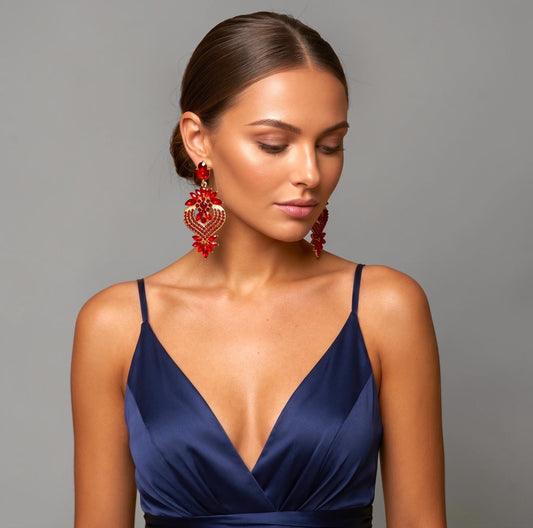 Ruby Red Crystal Heart Statement Earrings - Fatisha Boutique #