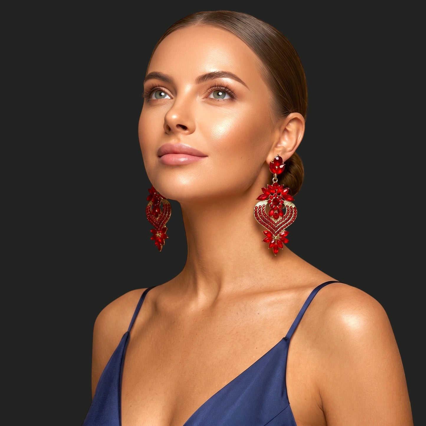 Ruby Red Crystal Heart Statement Earrings - Fatisha Boutique #