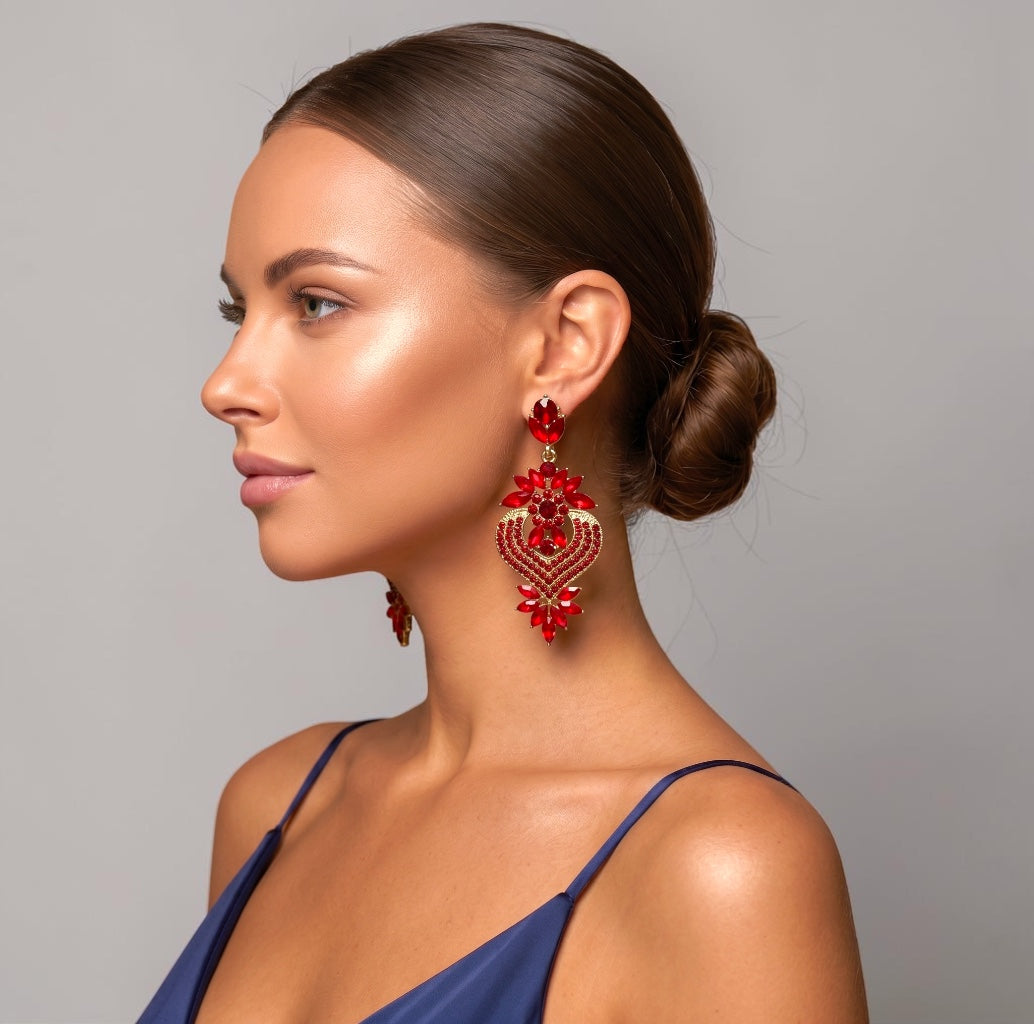 Ruby Red Crystal Heart Statement Earrings - Fatisha Boutique #