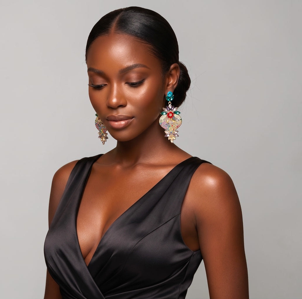 Multicolour Crystal Heart Statement Earrings - Fatisha Boutique #