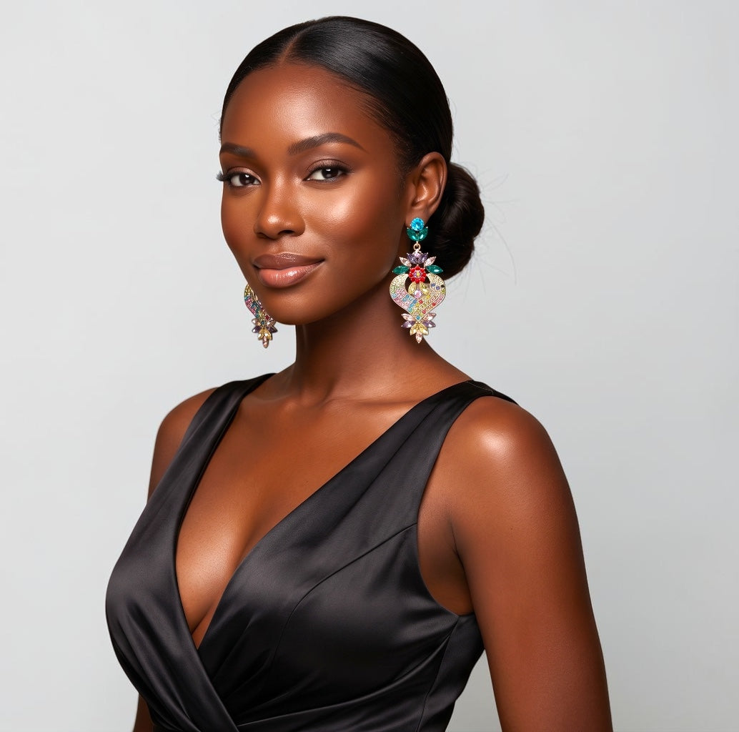 Multicolour Crystal Heart Statement Earrings - Fatisha Boutique #