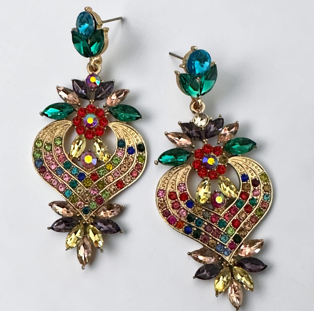 Multicolour Crystal Heart Statement Earrings - Fatisha Boutique #
