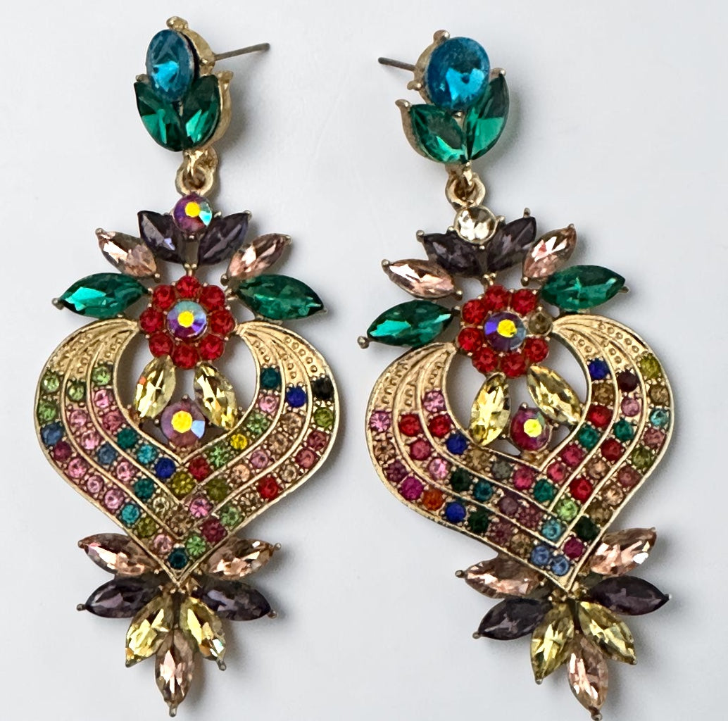 Multicolour Crystal Heart Statement Earrings - Fatisha Boutique #