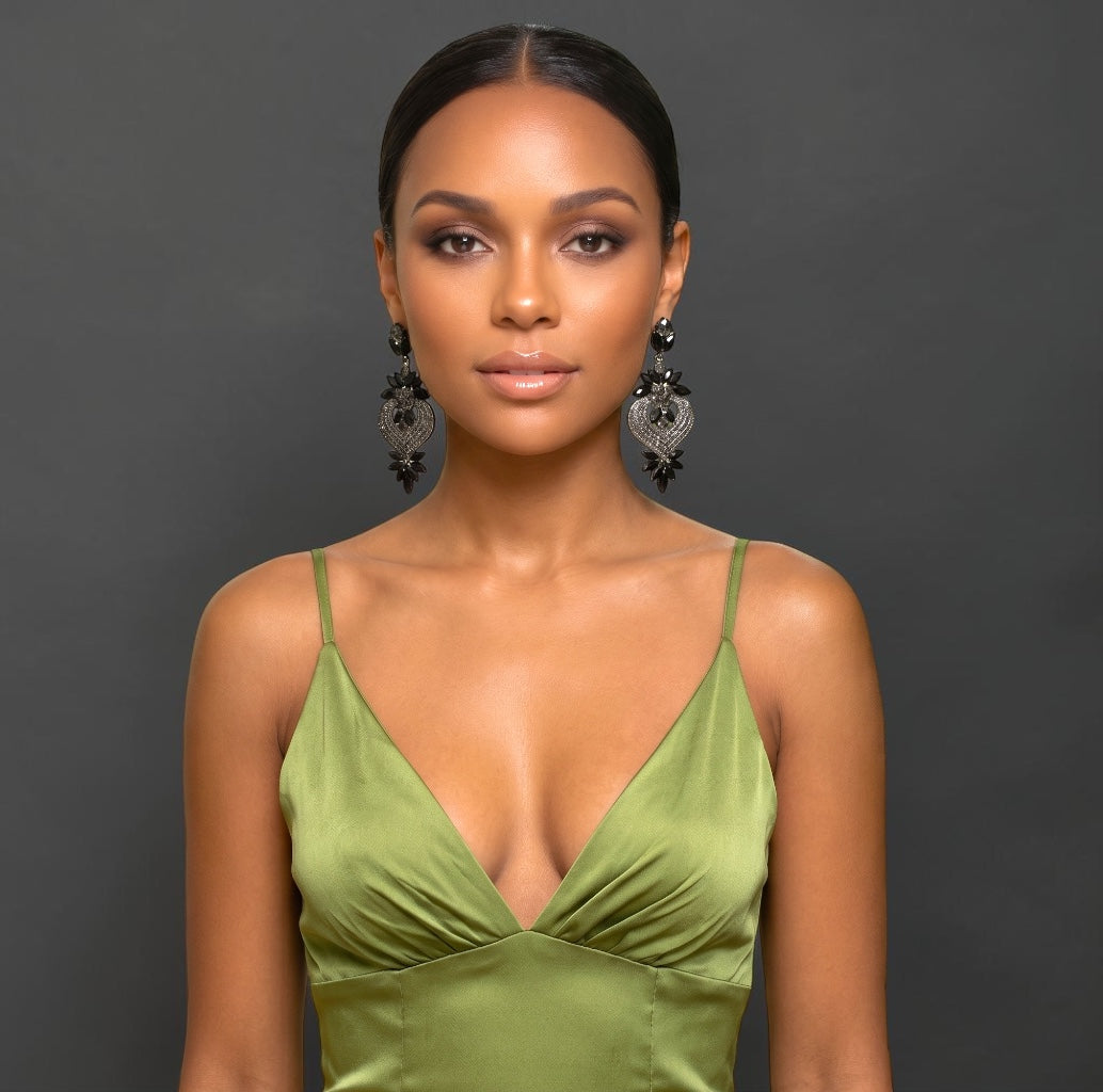 Black Crystal Heart Statement Earrings - Fatisha Boutique #