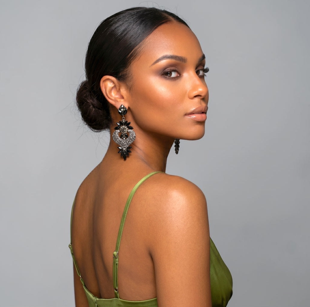 Black Crystal Heart Statement Earrings - Fatisha Boutique #