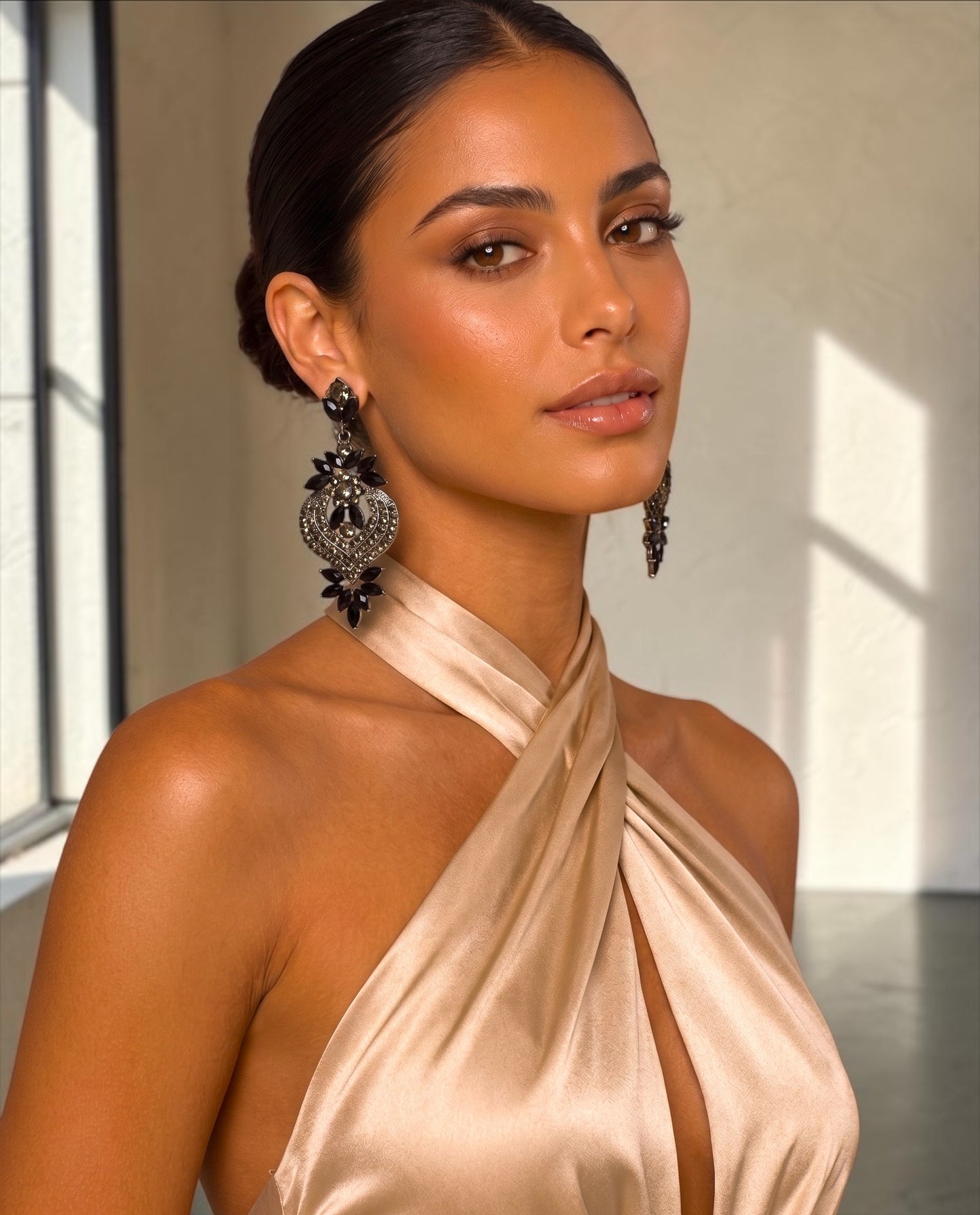 Black Crystal Heart Statement Earrings - Fatisha Boutique #