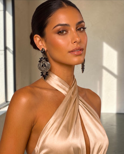 Black Crystal Heart Statement Earrings - Fatisha Boutique #