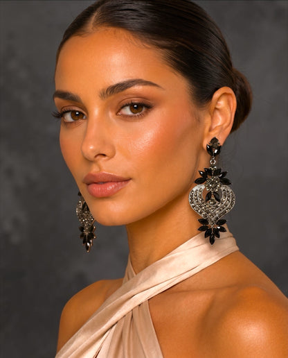 Black Crystal Heart Statement Earrings - Fatisha Boutique #