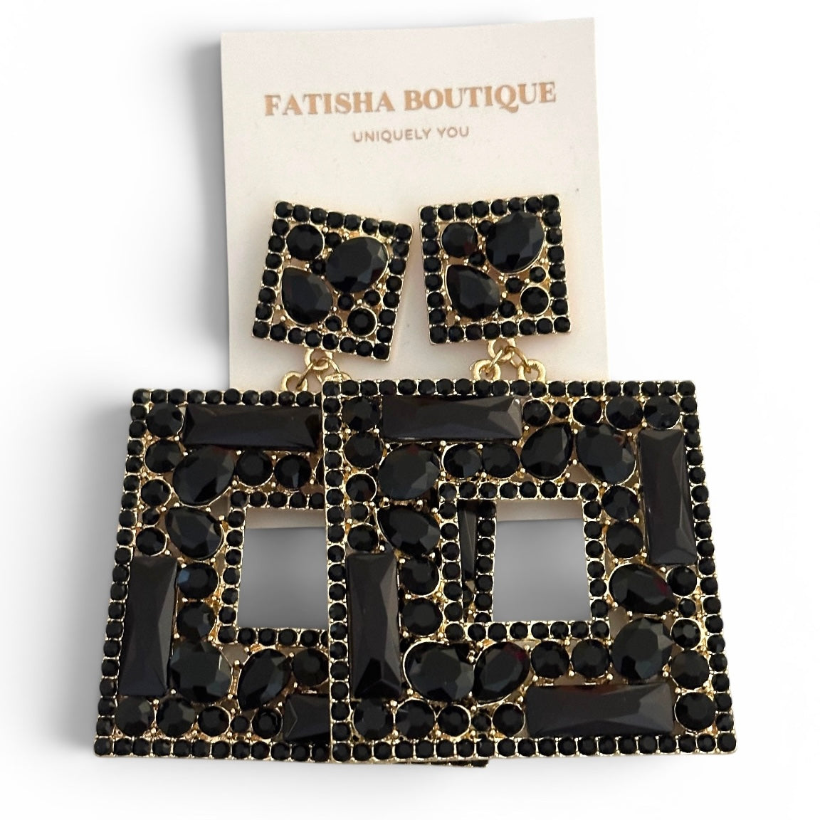 Black Crystal Geometric Statement Earrings – Oversized Rhinestone Drops