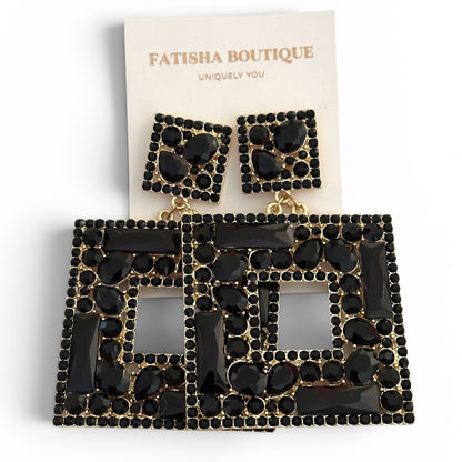Black Crystal Geometric Statement Earrings – Oversized Rhinestone Drops