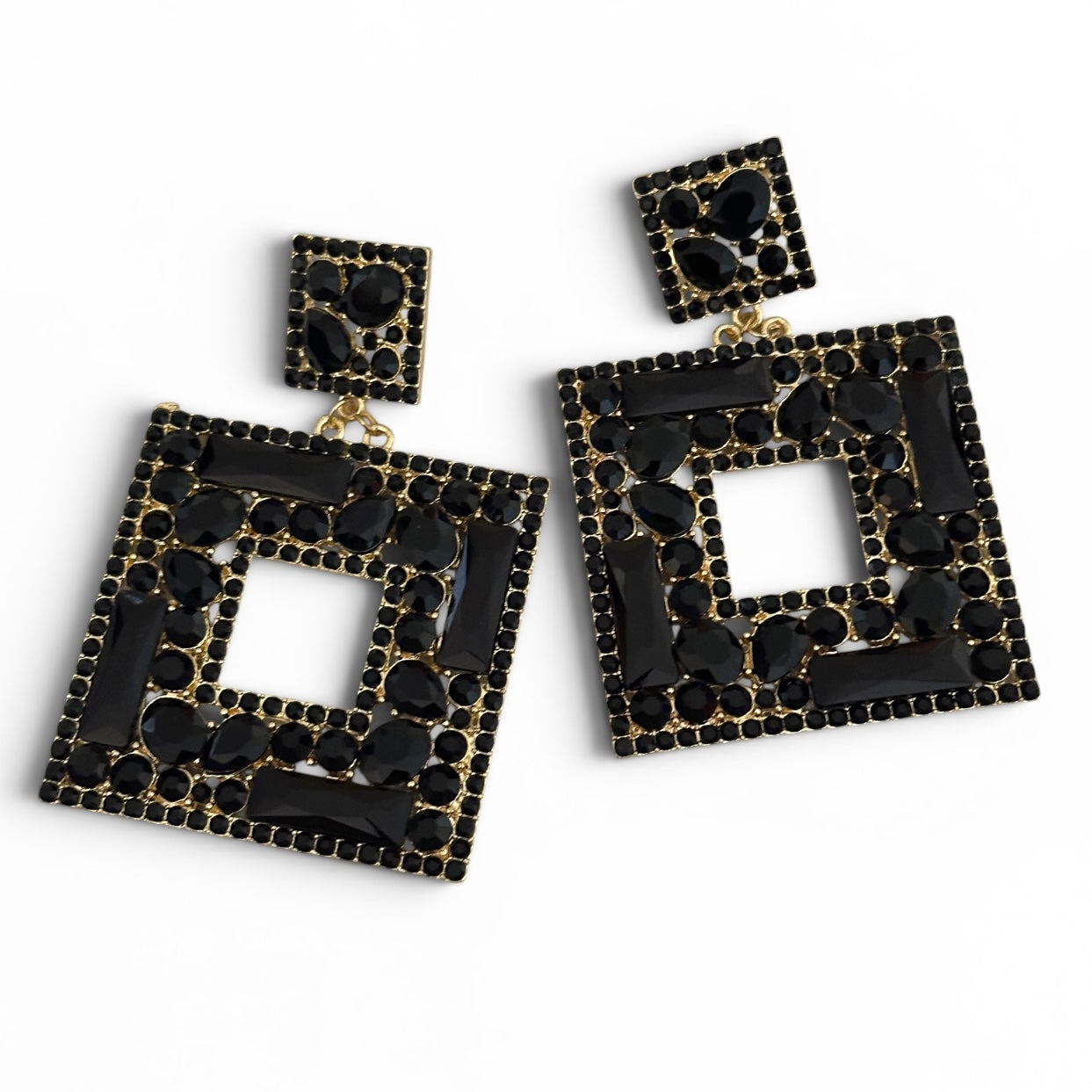 Black Crystal Geometric Statement Earrings – Oversized Rhinestone Drops