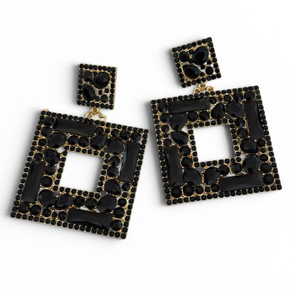 Black Crystal Geometric Statement Earrings – Oversized Rhinestone Drops