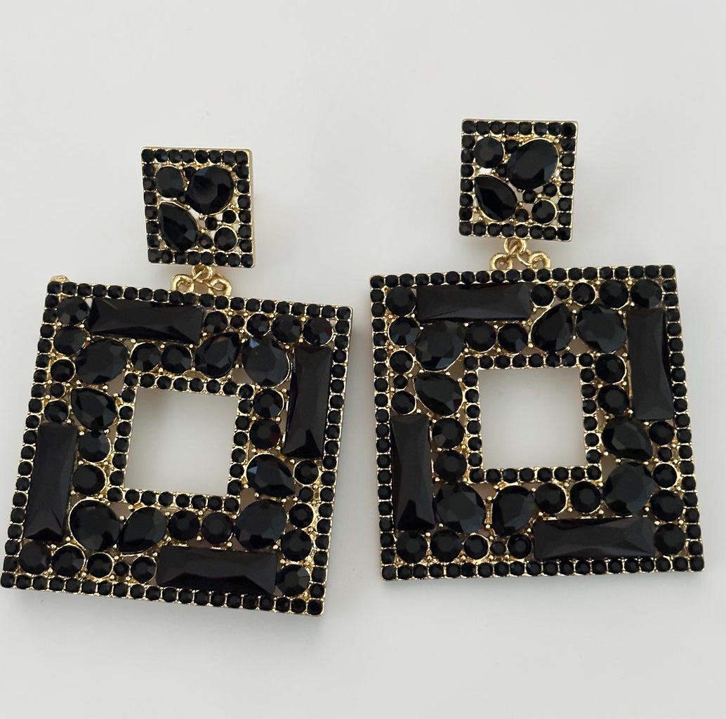 Black Crystal Geometric Statement Earrings – Oversized Rhinestone Drops