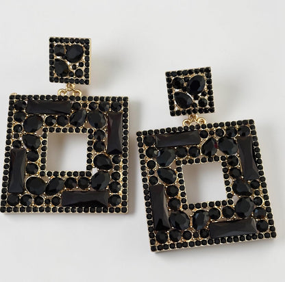 Black Crystal Geometric Statement Earrings – Oversized Rhinestone Drops
