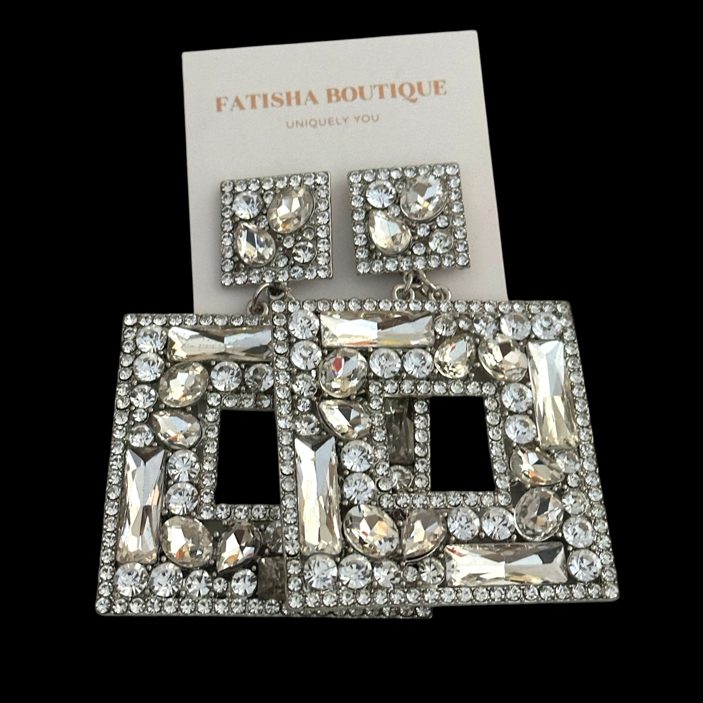 Silver Crystal Oversized Square Rhinestone Earrings