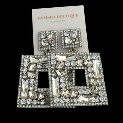 Silver Crystal Oversized Square Rhinestone Earrings