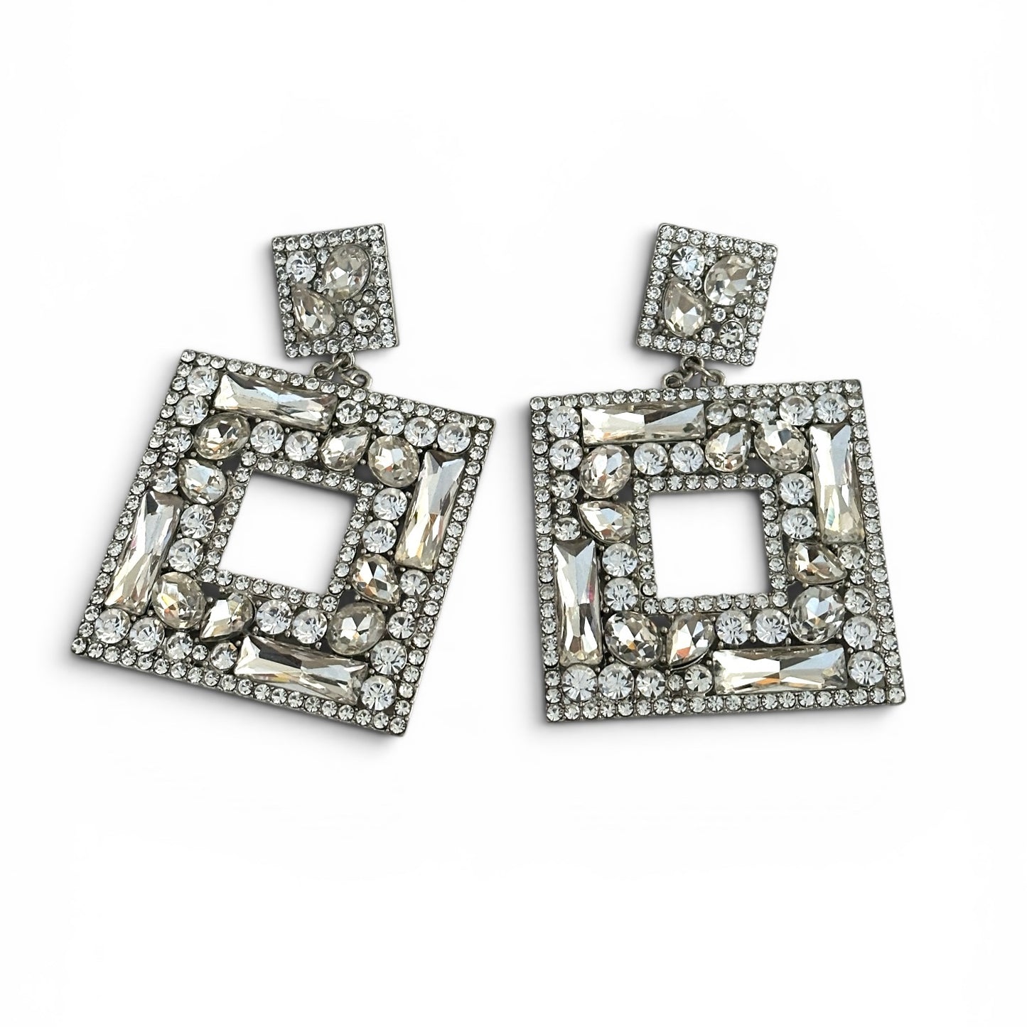 Silver Crystal Oversized Square Rhinestone Earrings