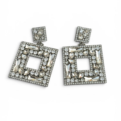 Silver Crystal Oversized Square Rhinestone Earrings