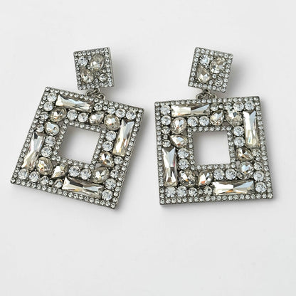 Silver Crystal Oversized Square Rhinestone Earrings