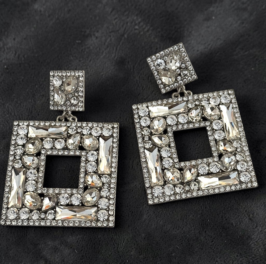 Silver Crystal Oversized Square Rhinestone Earrings