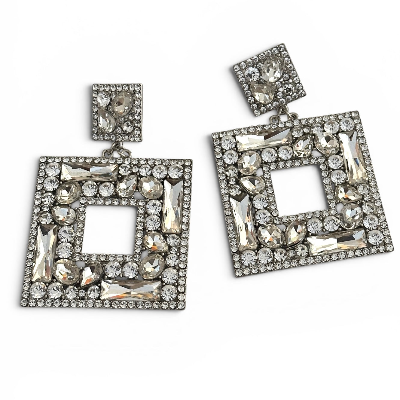 Silver Crystal Oversized Square Rhinestone Earrings