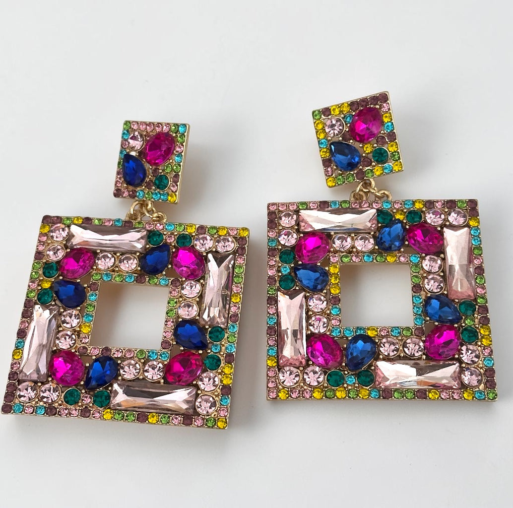 Multicolour Crystal Oversized Square Rhinestone Earrings