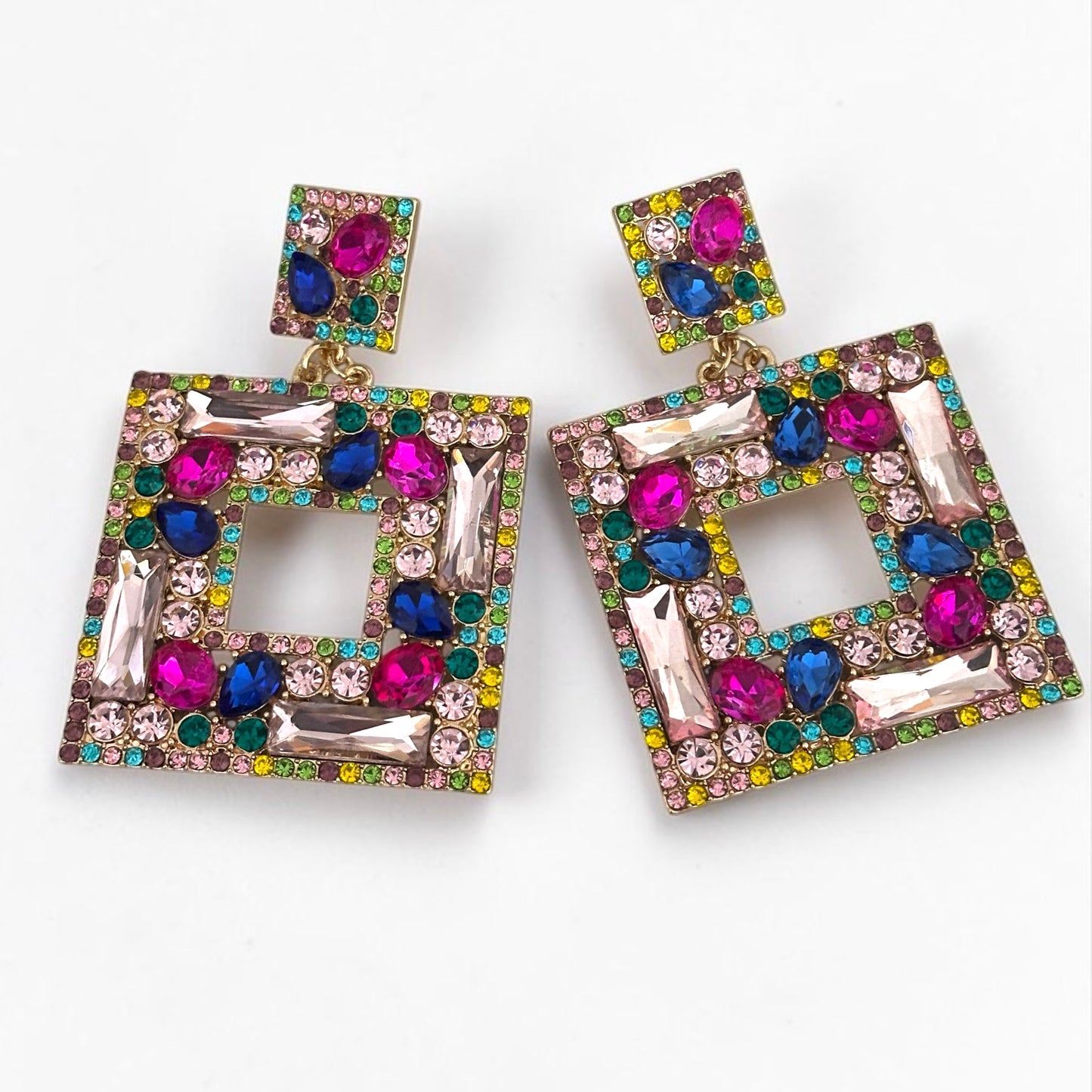 Multicolour Crystal Oversized Square Rhinestone Earrings