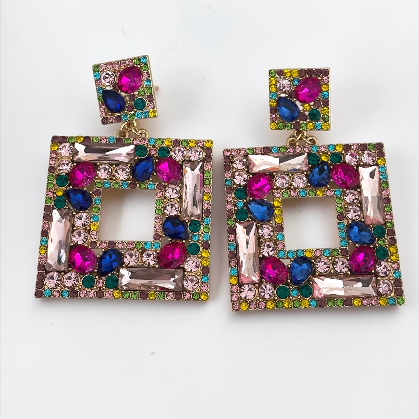 Multicolour Crystal Oversized Square Rhinestone Earrings
