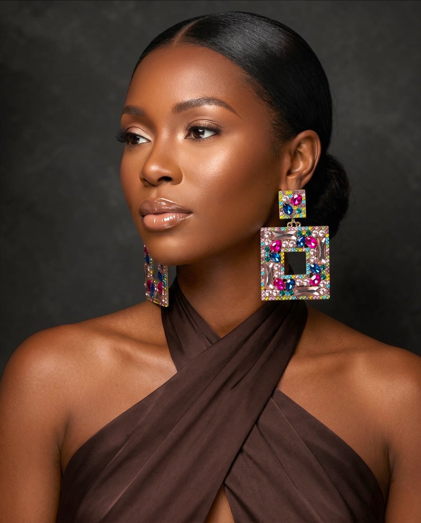 Multicolour Crystal Oversized Square Rhinestone Earrings