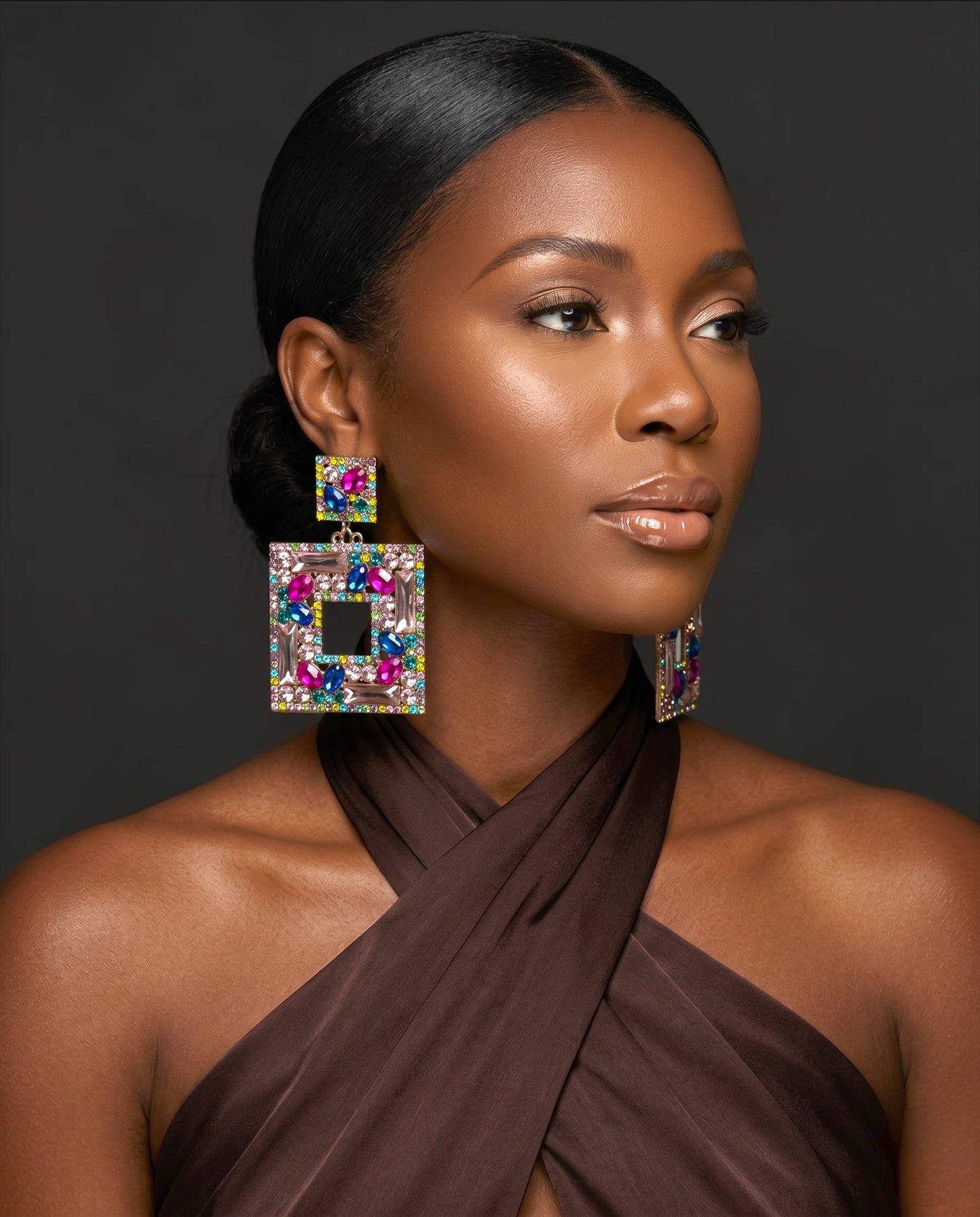Multicolour Crystal Oversized Square Rhinestone Earrings