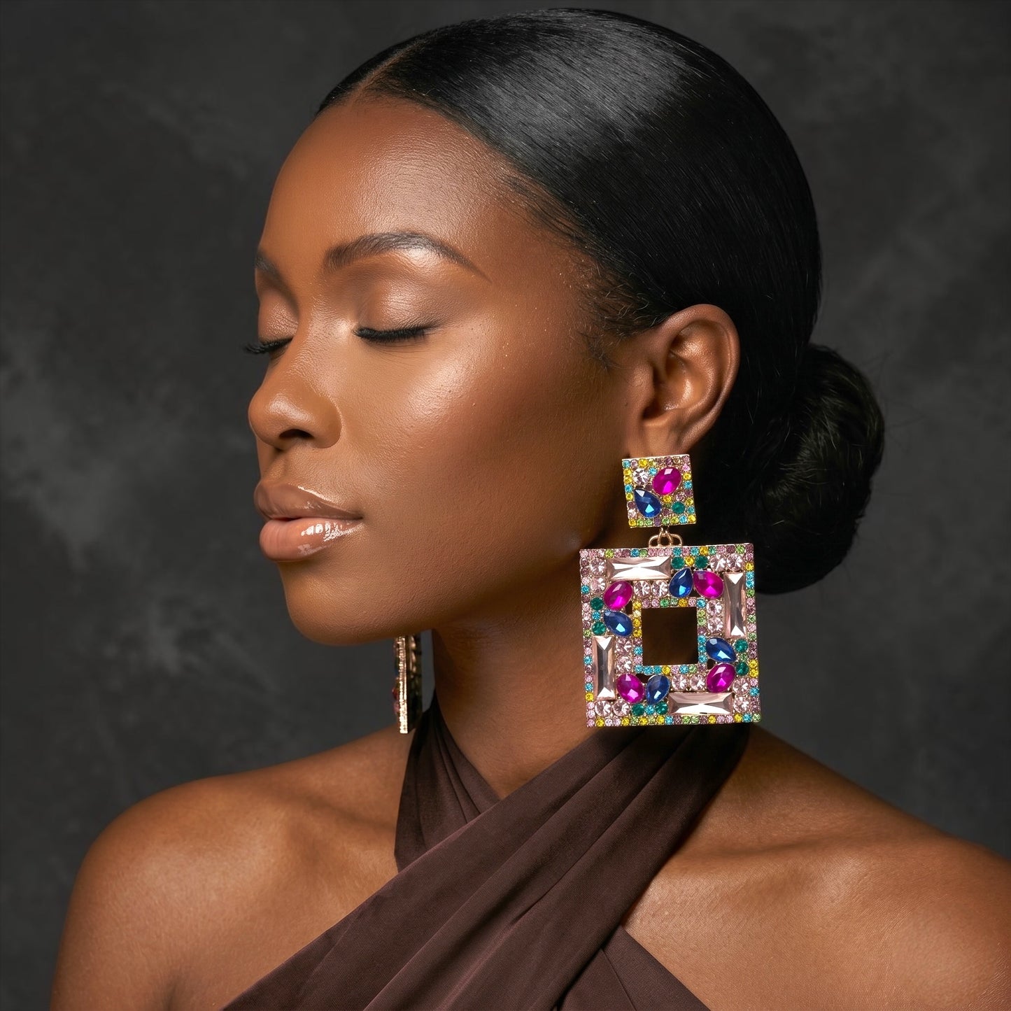 Multicolour Crystal Oversized Square Rhinestone Earrings