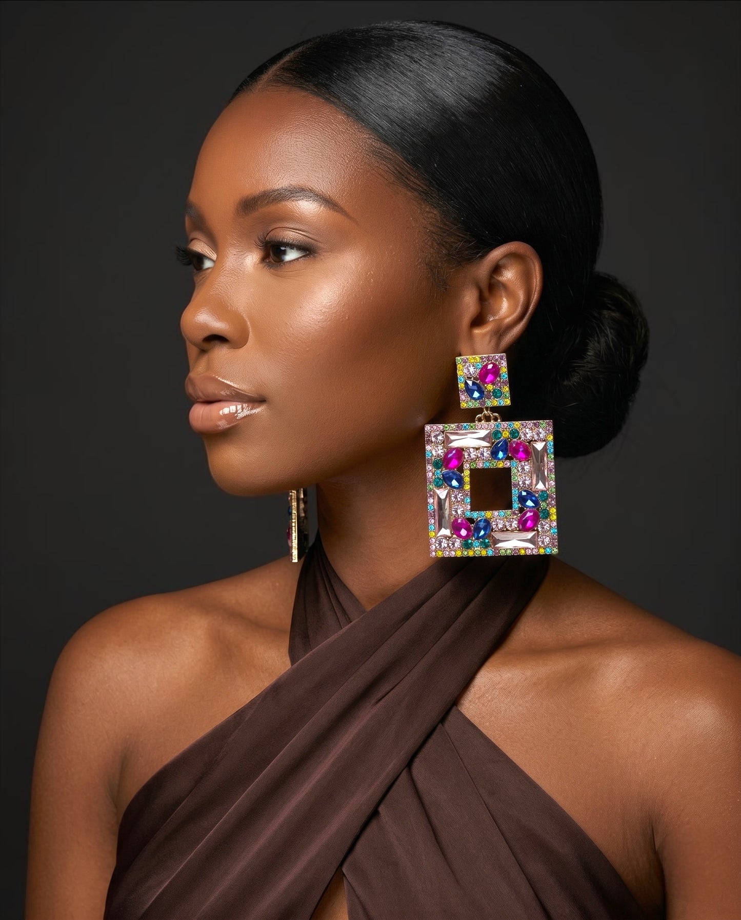 Multicolour Crystal Oversized Square Rhinestone Earrings