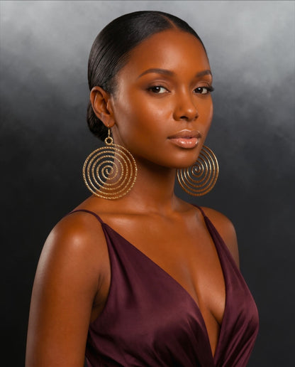 Gold Spiral Statement Earrings – Oversized Round Swirl Drop Earrings - Fatisha Boutique #