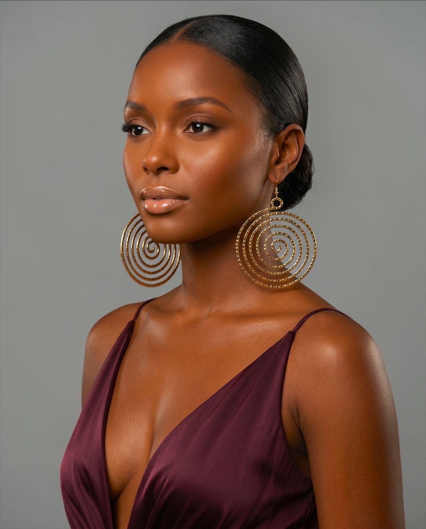 Gold Spiral Statement Earrings – Oversized Round Swirl Drop Earrings - Fatisha Boutique #