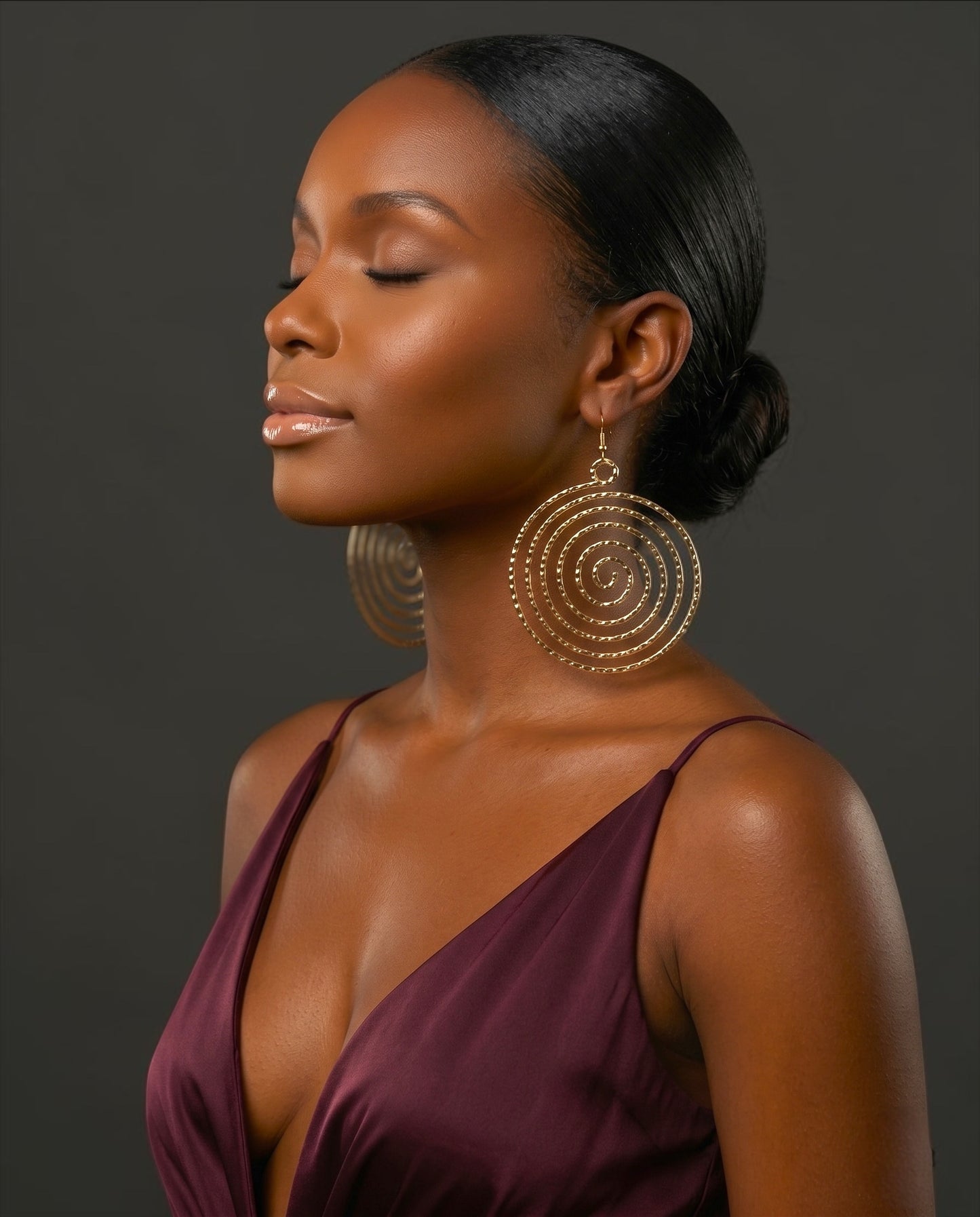 Gold Spiral Statement Earrings – Oversized Round Swirl Drop Earrings - Fatisha Boutique #
